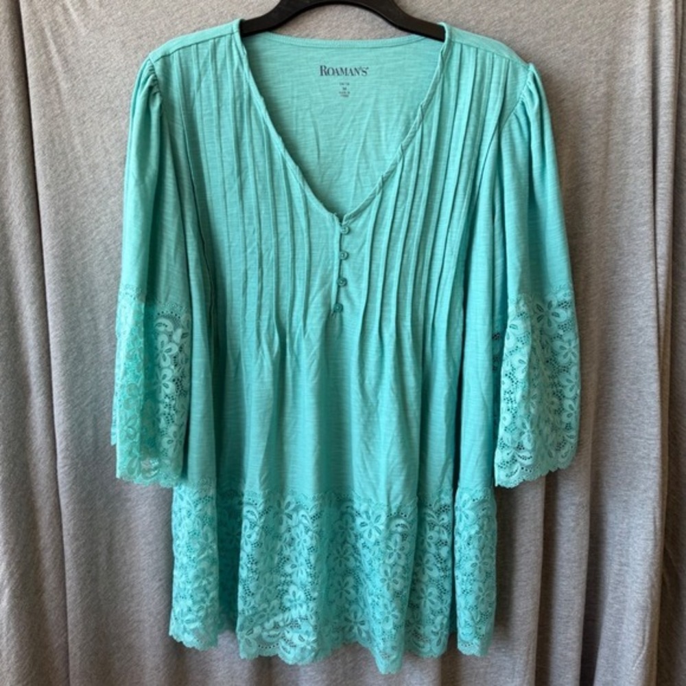 Roaman's Tunic Top Teal Blue Lace Cottagecore Peasant Pintuck Womens 14/16 M